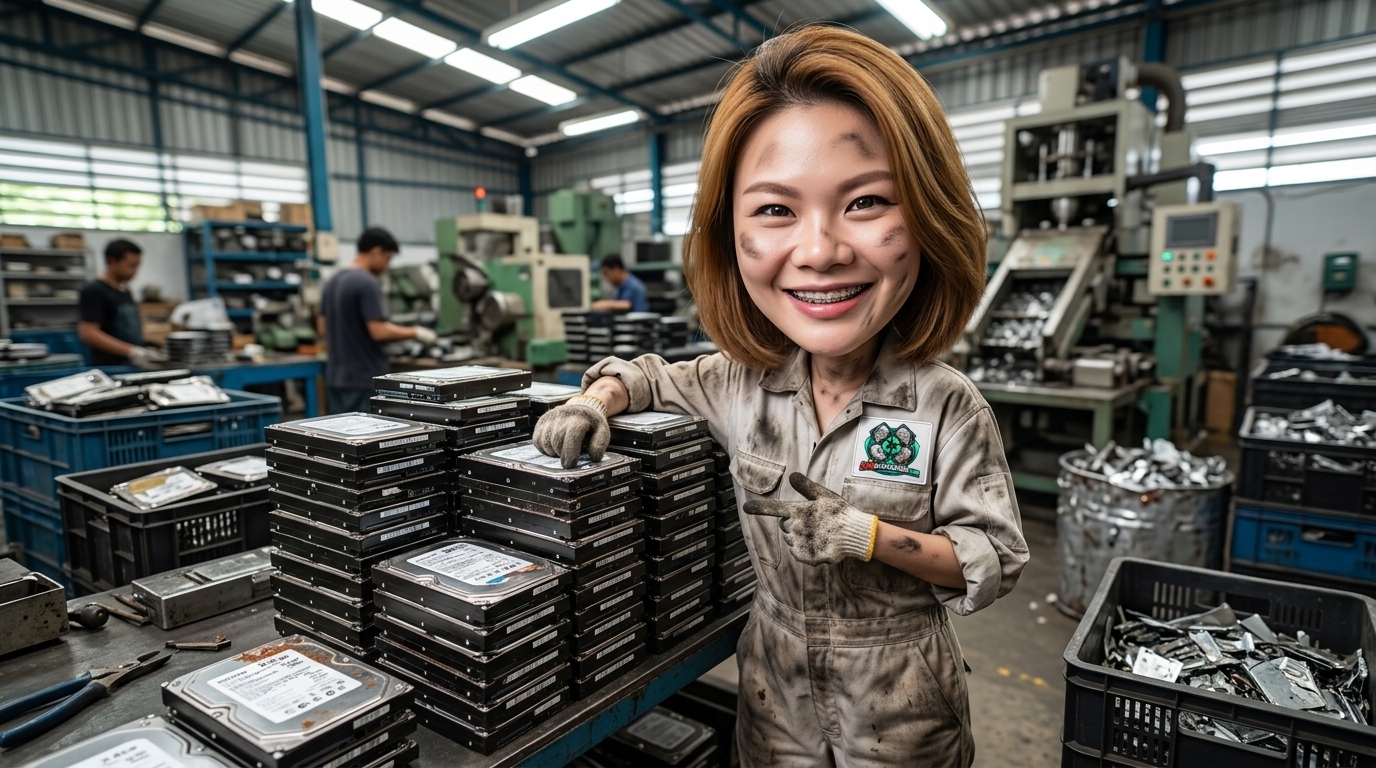 กลุ่มฮาร์ดดิสก์ Server SAS ขนาด 2.5 นิ้ว และ 3.5 นิ้ว จัดวางอย่างเป็นระเบียบบนโต๊ะทำงานไอที