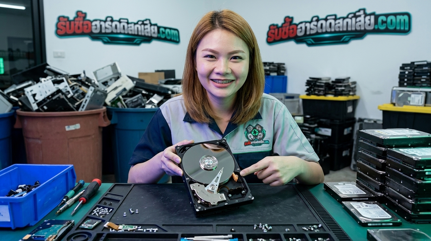 ภาพฮาร์ดดิสก์คอมพิวเตอร์และชิ้นส่วนจานแม่เหล็กภายใน แสดงความซับซ้อนของกลไกจัดเก็บข้อมูล