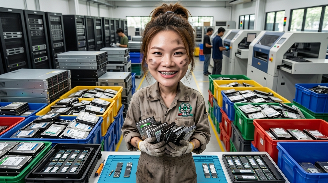 การจัดเรียง HDD และ SSD ระดับ Server บนแผ่นป้องกันไฟฟ้าสถิตเพื่อเตรียมตรวจสอบข้อมูลก่อนส่งประเมิน