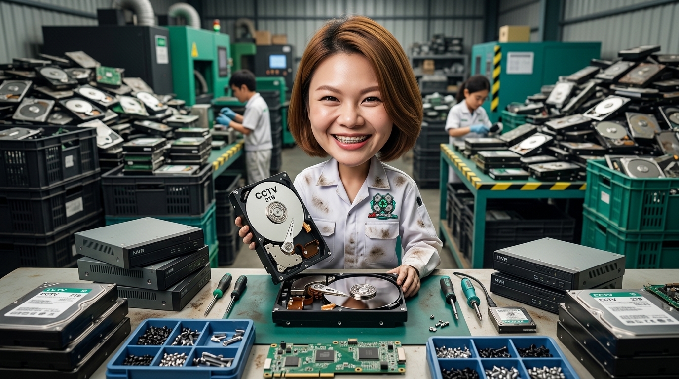 ฮาร์ดดิสก์สำหรับกล้องวงจรปิดและอุปกรณ์จัดเก็บข้อมูล NVR บนโต๊ะช่างเทคนิค