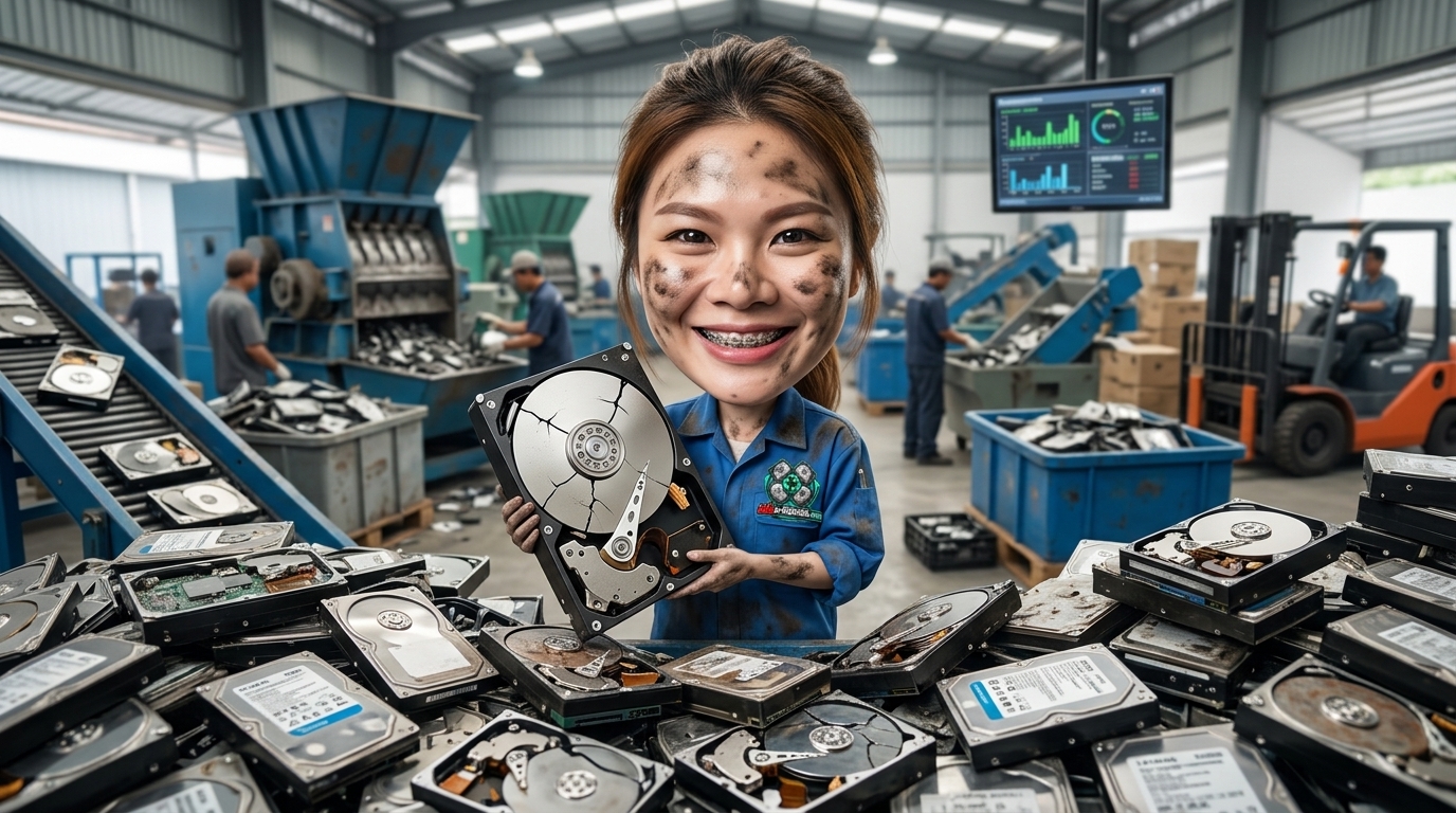 การตรวจสอบสภาพฮาร์ดดิสก์จานหมุนและเอสเอสดีบนโต๊ะทำงานช่างเทคนิค