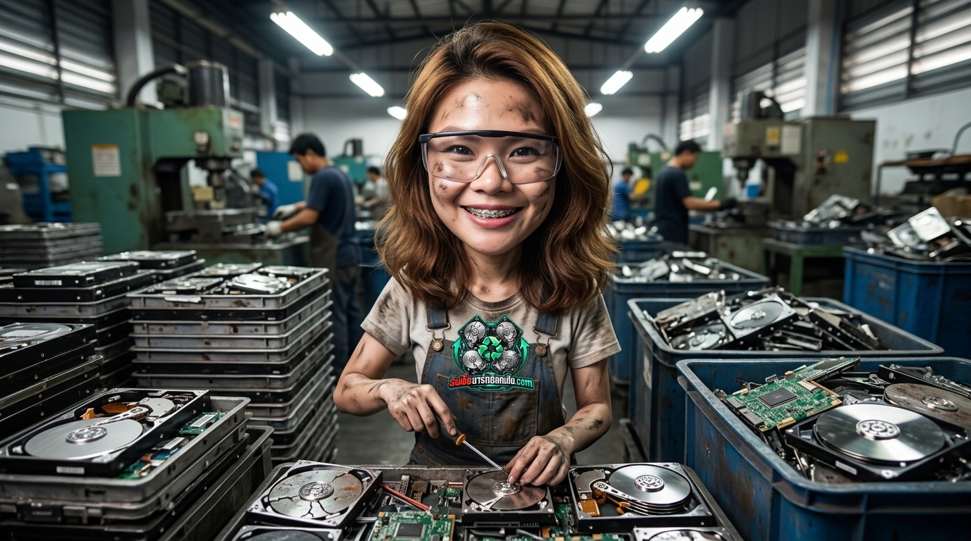 ชิ้นส่วน Harddisk และ SSD เสียที่ผ่านกระบวนการจัดการข้อมูลอย่างปลอดภัยก่อนจำหน่ายซาก