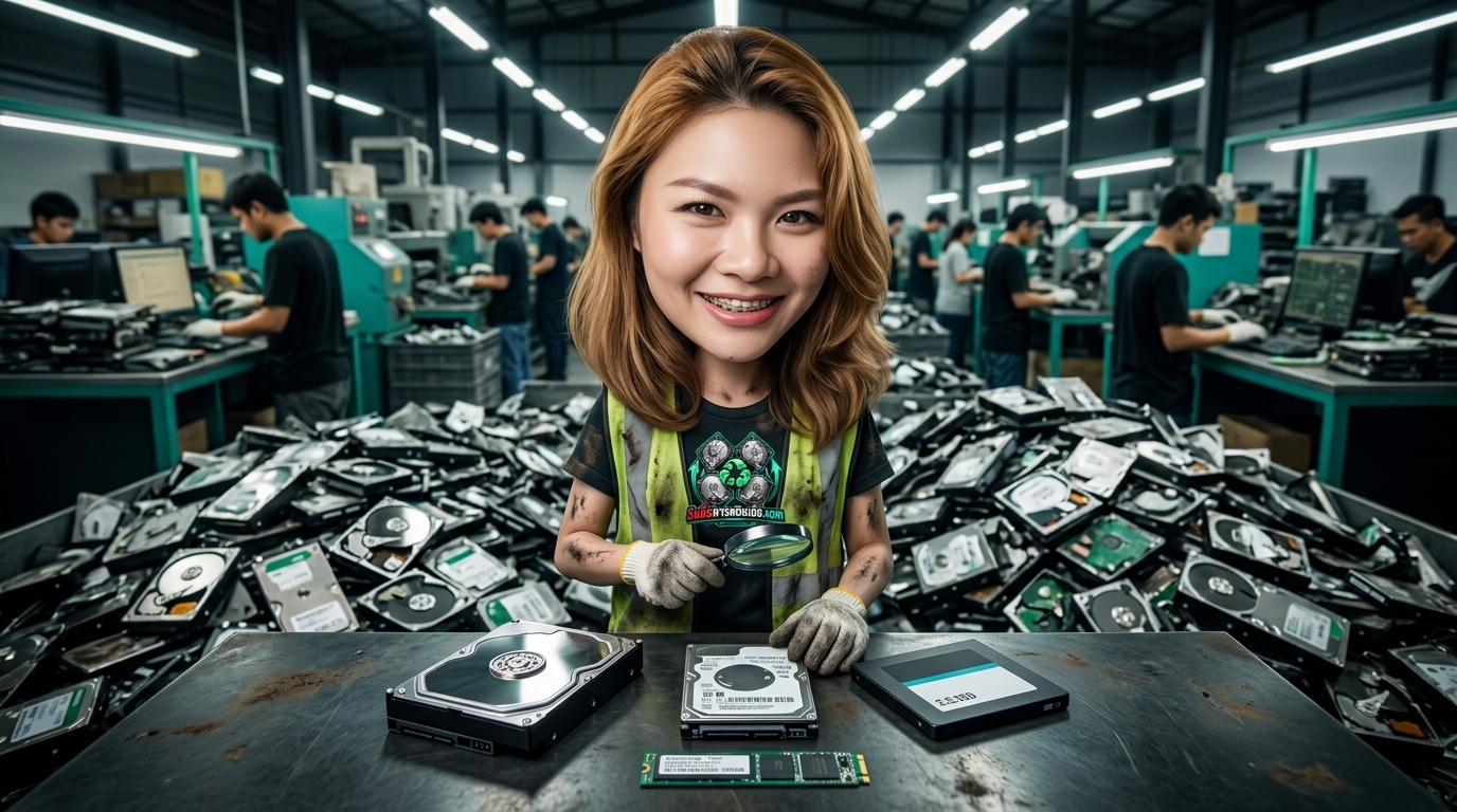 ภาพมุมมองด้านบนของฮาร์ดดิสก์และ SSD หลากหลายขนาด วางบนโต๊ะช่างเพื่อตรวจสอบ Model Number และสเปก