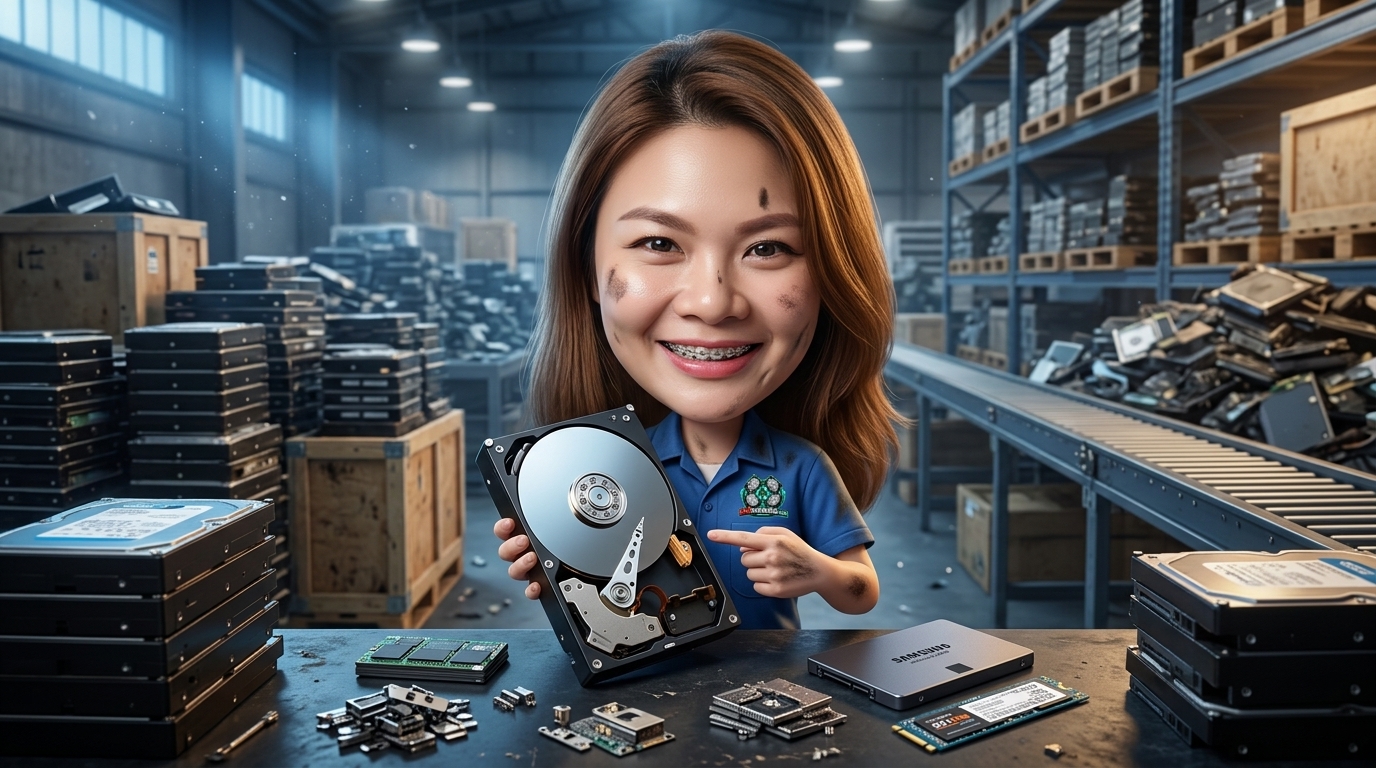 ภาพฮาร์ดดิสก์เปิดฝาแสดงแผ่นจานแม่เหล็ก วางคู่กับ SSD และ M.2 บนโต๊ะช่างซ่อมอุปกรณ์คอมพิวเตอร์