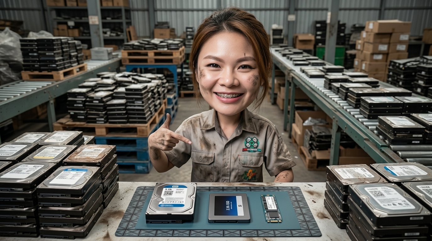 การจัดวางฮาร์ดดิสก์เสียและ SSD บนโต๊ะทำงานเพื่อเตรียมถ่ายภาพประเมินสภาพ