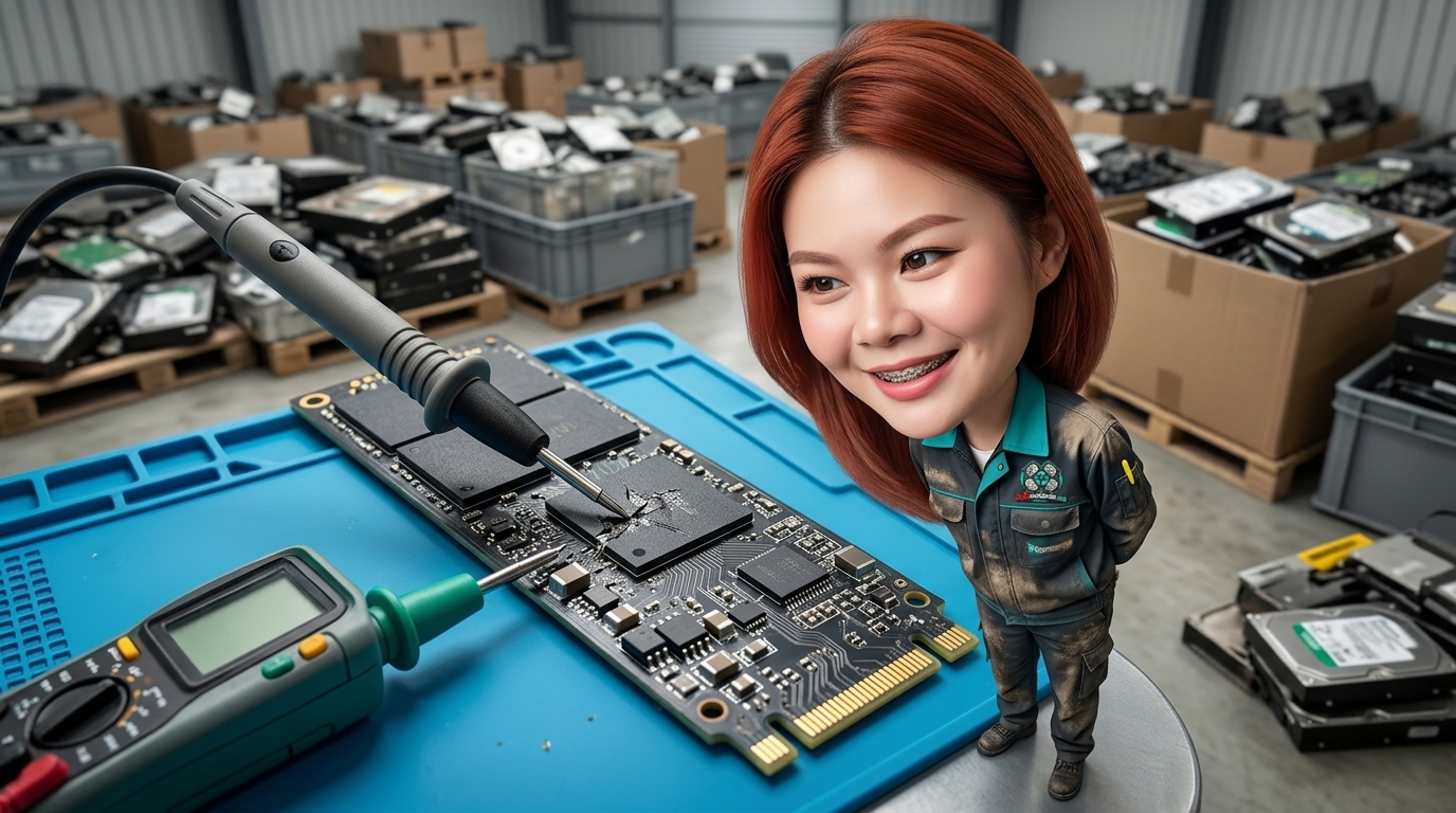 SSD M.2 NVMe บนแผ่นรองซ่อมวงจรอิเล็กทรอนิกส์ แสดงชิปคอนโทรลเลอร์และชิป NAND Flash สำหรับการตรวจเช็กอาการเสีย