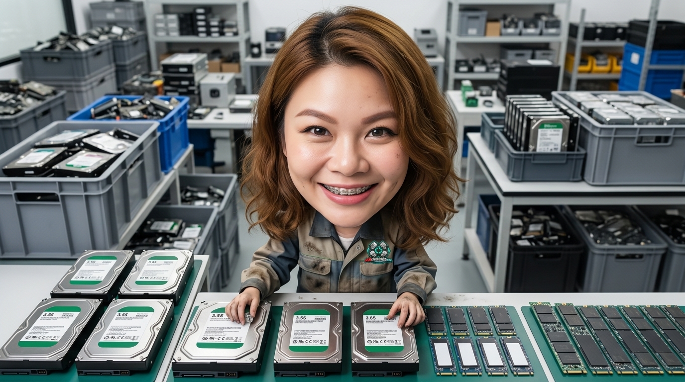 การคัดแยกประเภทฮาร์ดดิสก์และ SSD เสียตามพอร์ตเชื่อมต่อ SATA SAS และ PCIe NVMe บนโต๊ะทำงานช่าง