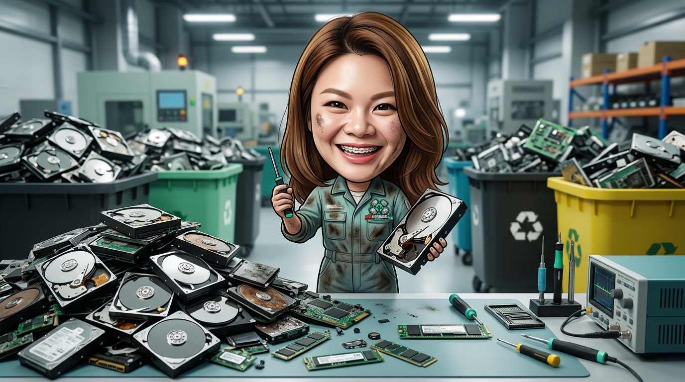 อุปกรณ์ฮาร์ดดิสก์และชิ้นส่วน SSD M.2 บนโต๊ะทำงานช่างเทคนิคสำหรับการตรวจสอบและจัดการข้อมูล