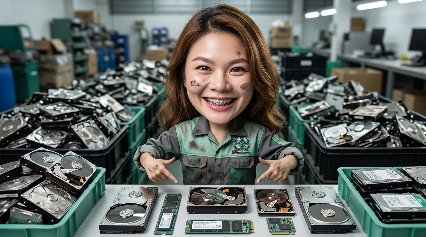 อุปกรณ์จัดเก็บข้อมูล Harddisk และ SSD ที่เปิดฝาครอบแสดงจานแม่เหล็กและแผงวงจร สำหรับการรีไซเคิลและทำลายข้อมูล