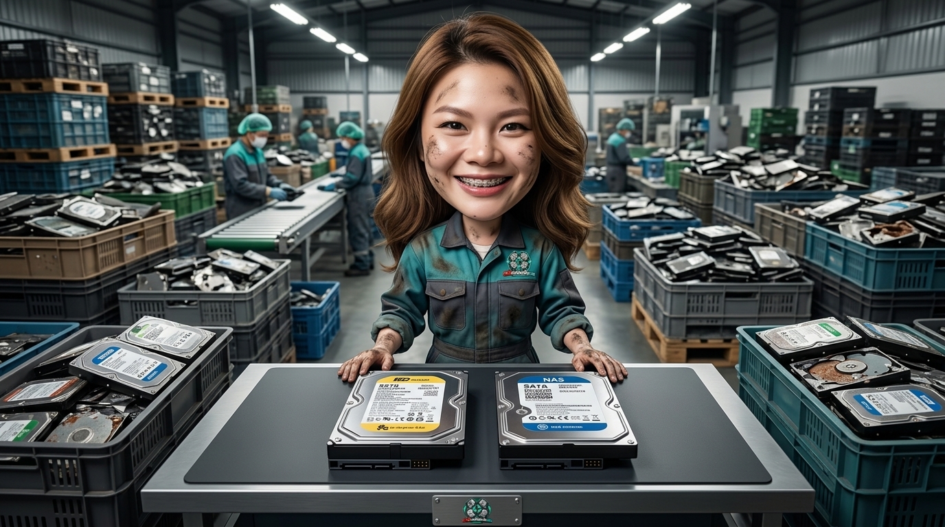 การเปรียบเทียบ Enterprise SAS HDD และ NAS Storage HDD ที่ปลดระวางบนโต๊ะทำงานช่างเทคนิค