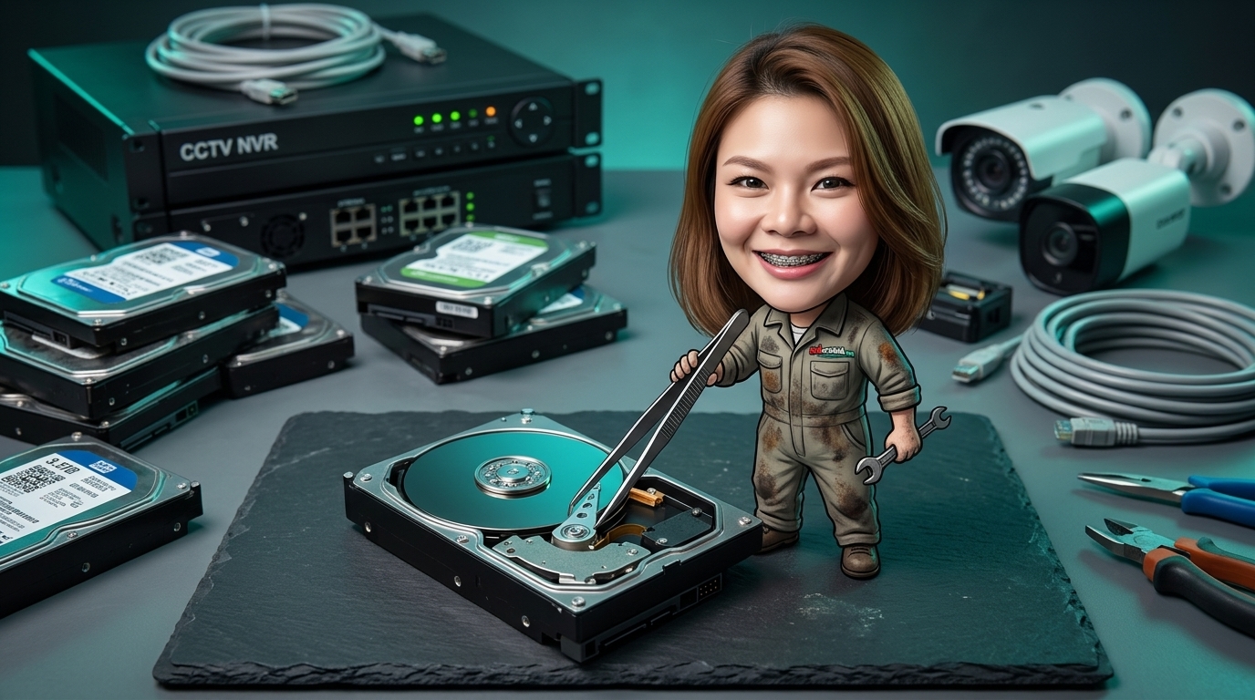 ฮาร์ดดิสก์กล้องวงจรปิด Surveillance HDD วางอยู่ข้างเครื่องบันทึกภาพ NVR แสดงอุปกรณ์จัดเก็บข้อมูลความปลอดภัย
