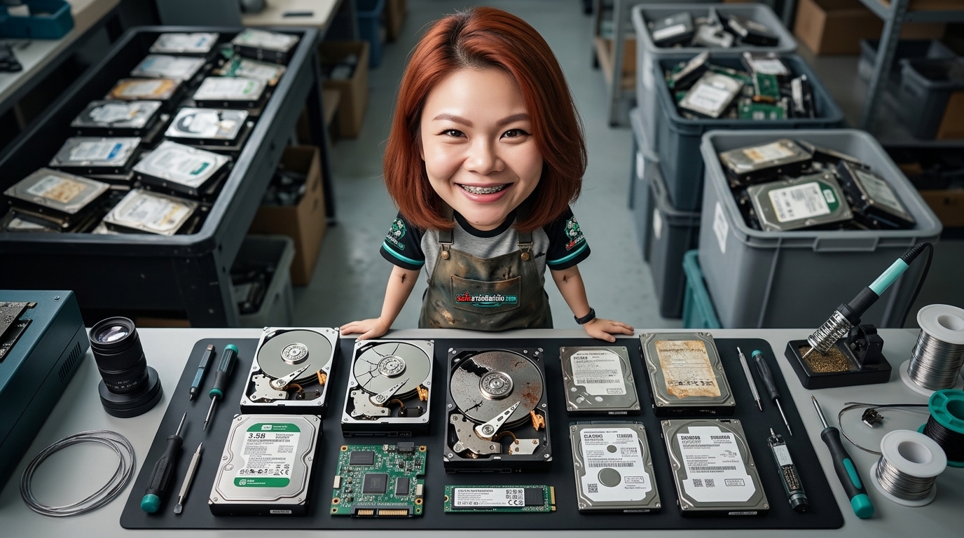อุปกรณ์จัดเก็บข้อมูลทั้ง HDD และ SSD วางเรียงบนโต๊ะทำงานเพื่อตรวจสอบ Model Number